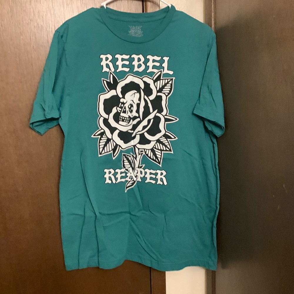 Rebel Reaper t shirt. Teal size large